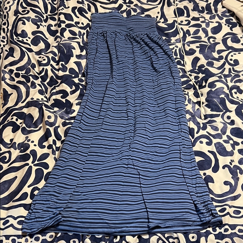 Casual Strapless Blue Striped Maxi Dress